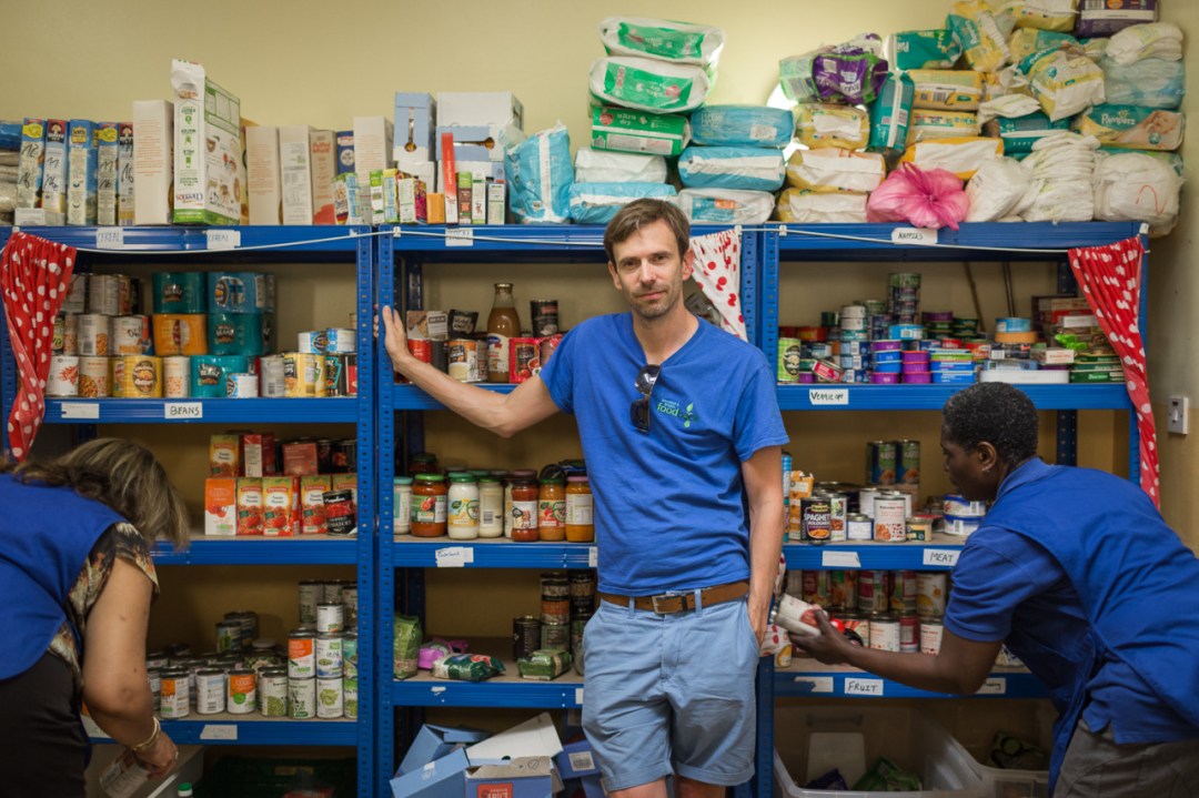 Jon Taylor with volunteers at the Brixton Foodbank. Photo by James Hopkirk